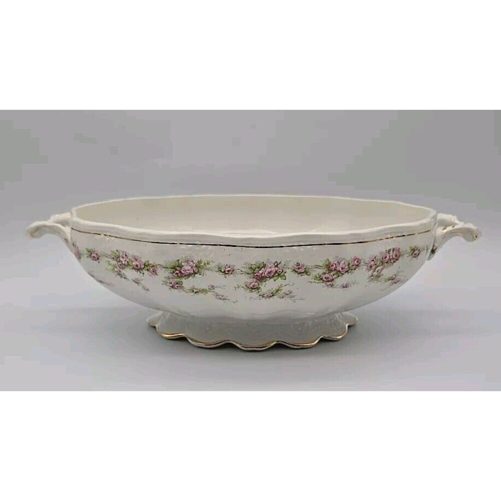 Vintage Dresden Semi Porcelain Two Handle Serving Bowl Rosesand Gold Trimmed
